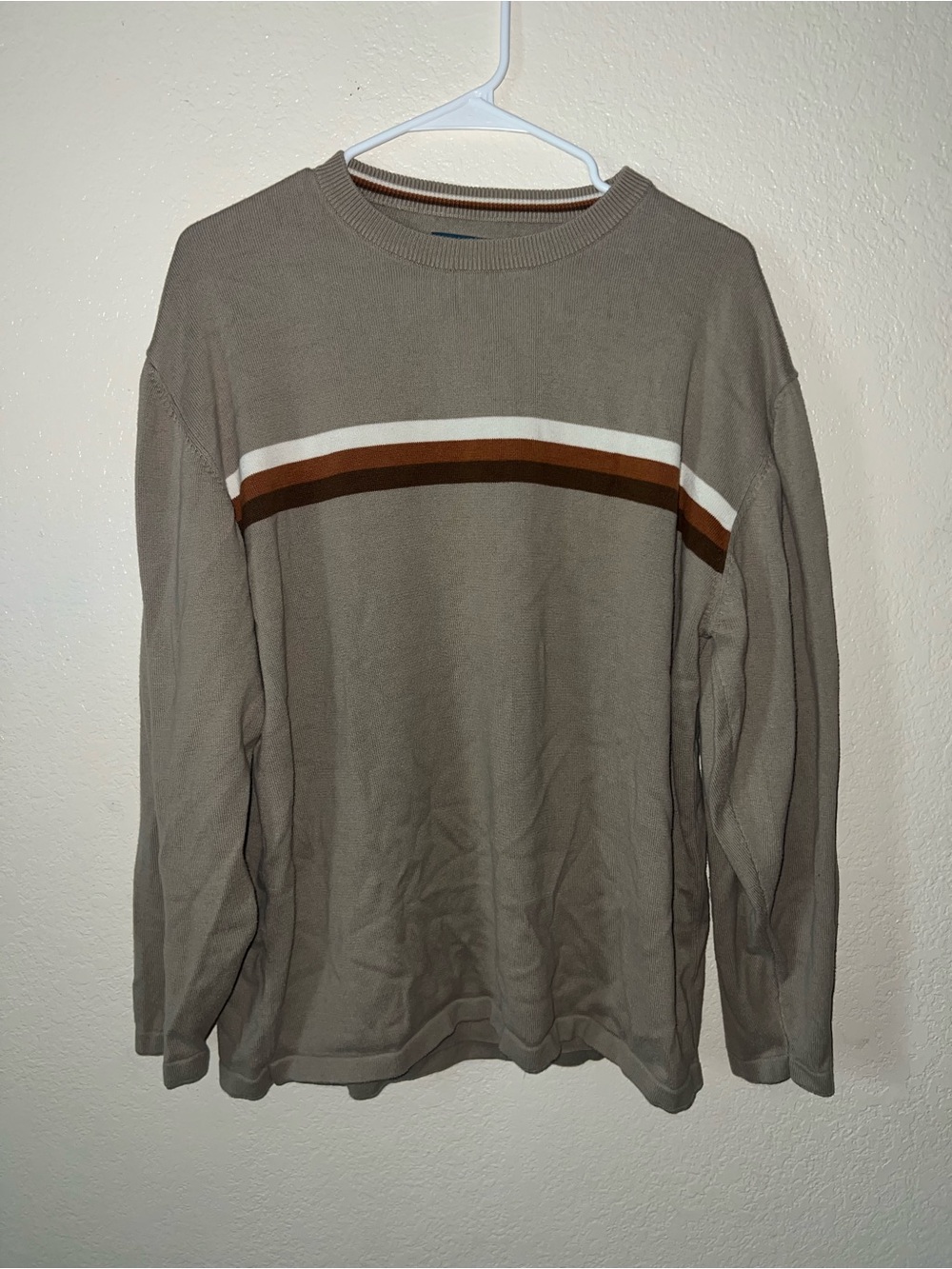 Men's Crewneck Sweater in Taupe with Stripe Detail